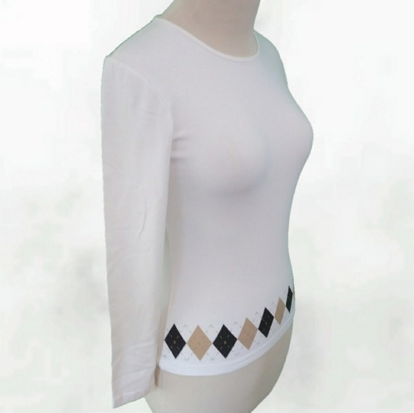 White Long Sleeve Tee With Tartan Plaid Trim - Picture 7 of 7